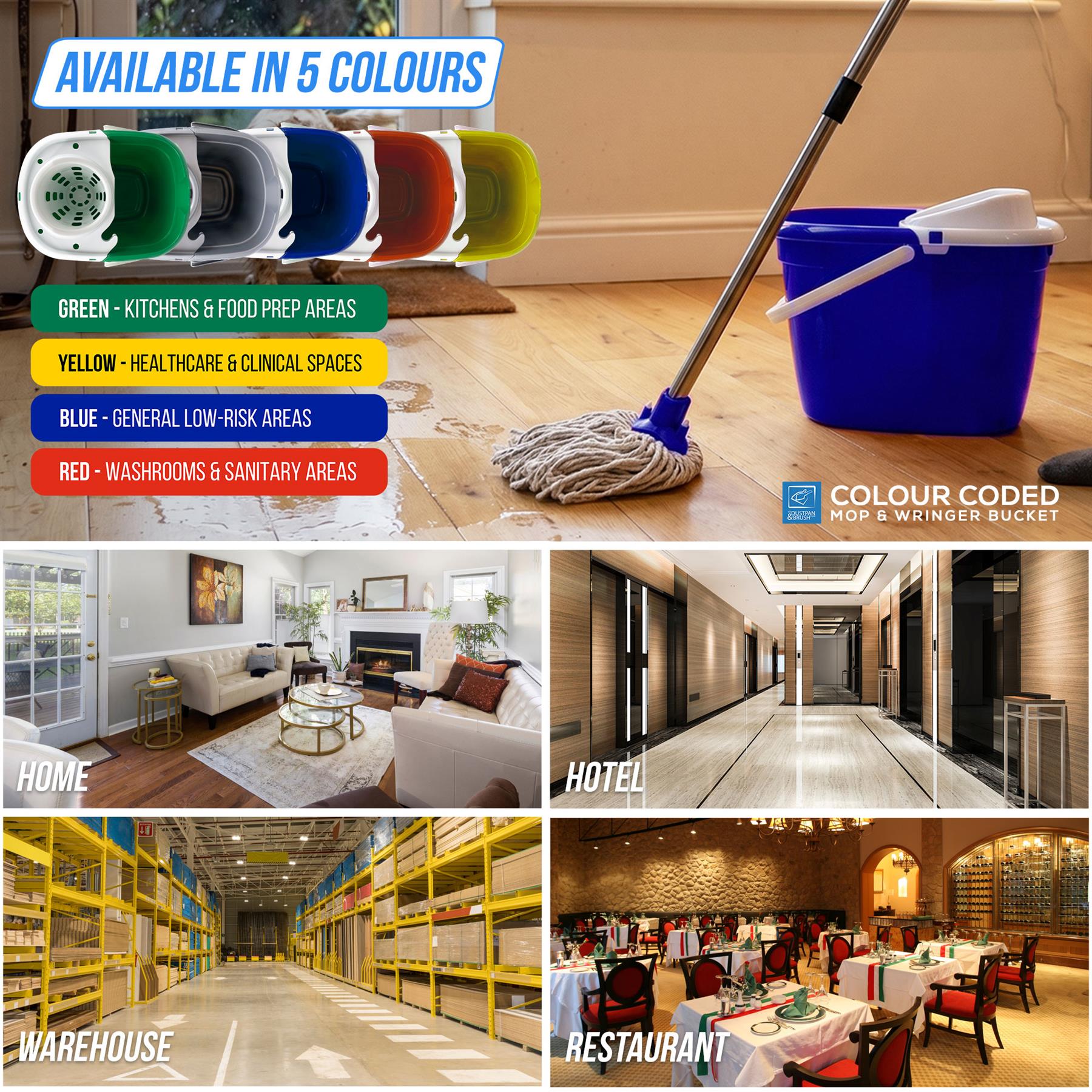 A mop and wringer bucket set shown in a real indoor environment with a wood floor, alongside text indicating the product is available in 5 colours and listing use cases such as home, hotel, warehouse, and restaurant. The bucket is blue with a white wringer, and the mop head is white with gray rope.