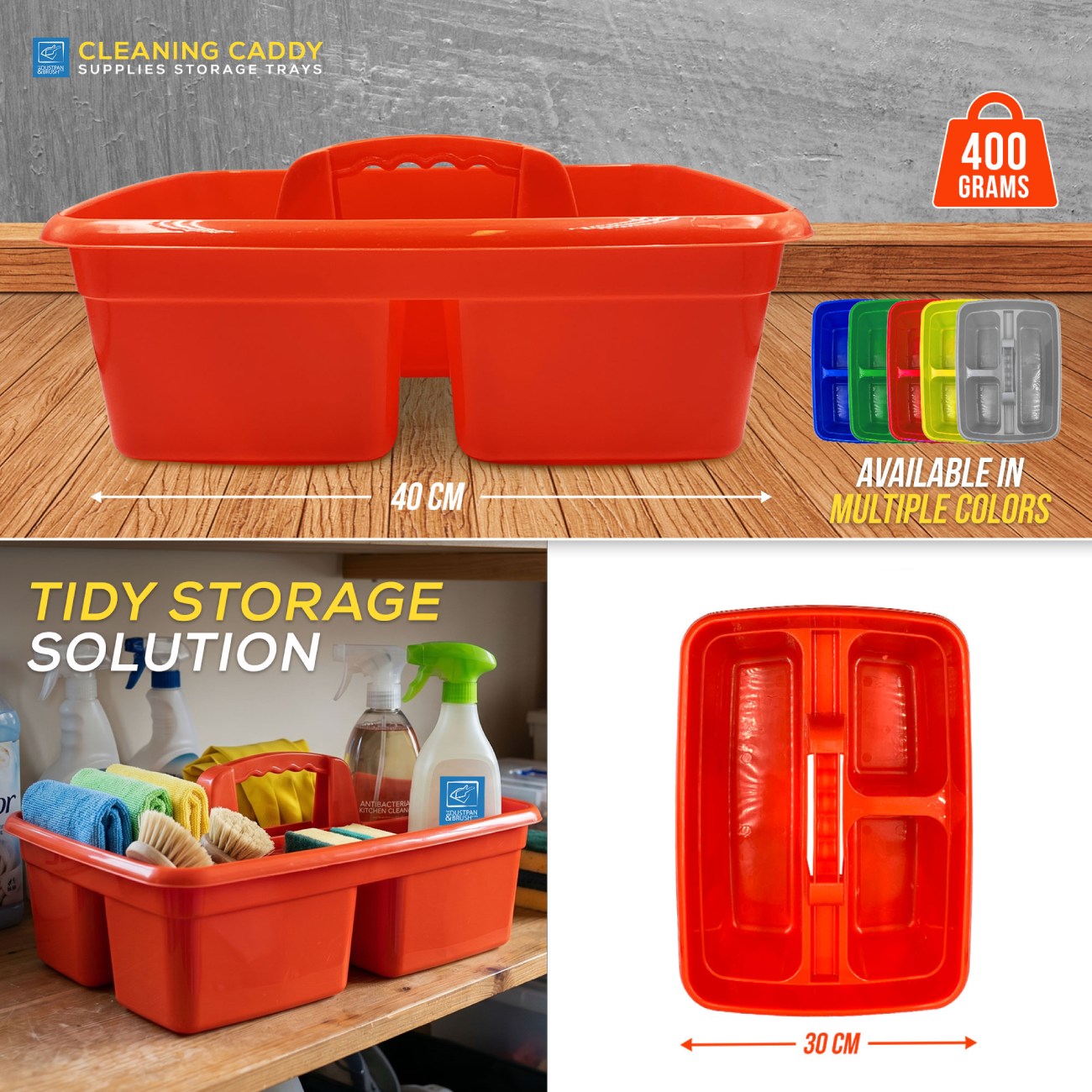 Red cleaning caddy with storage trays on a wooden surface, showing measurements and colour options.