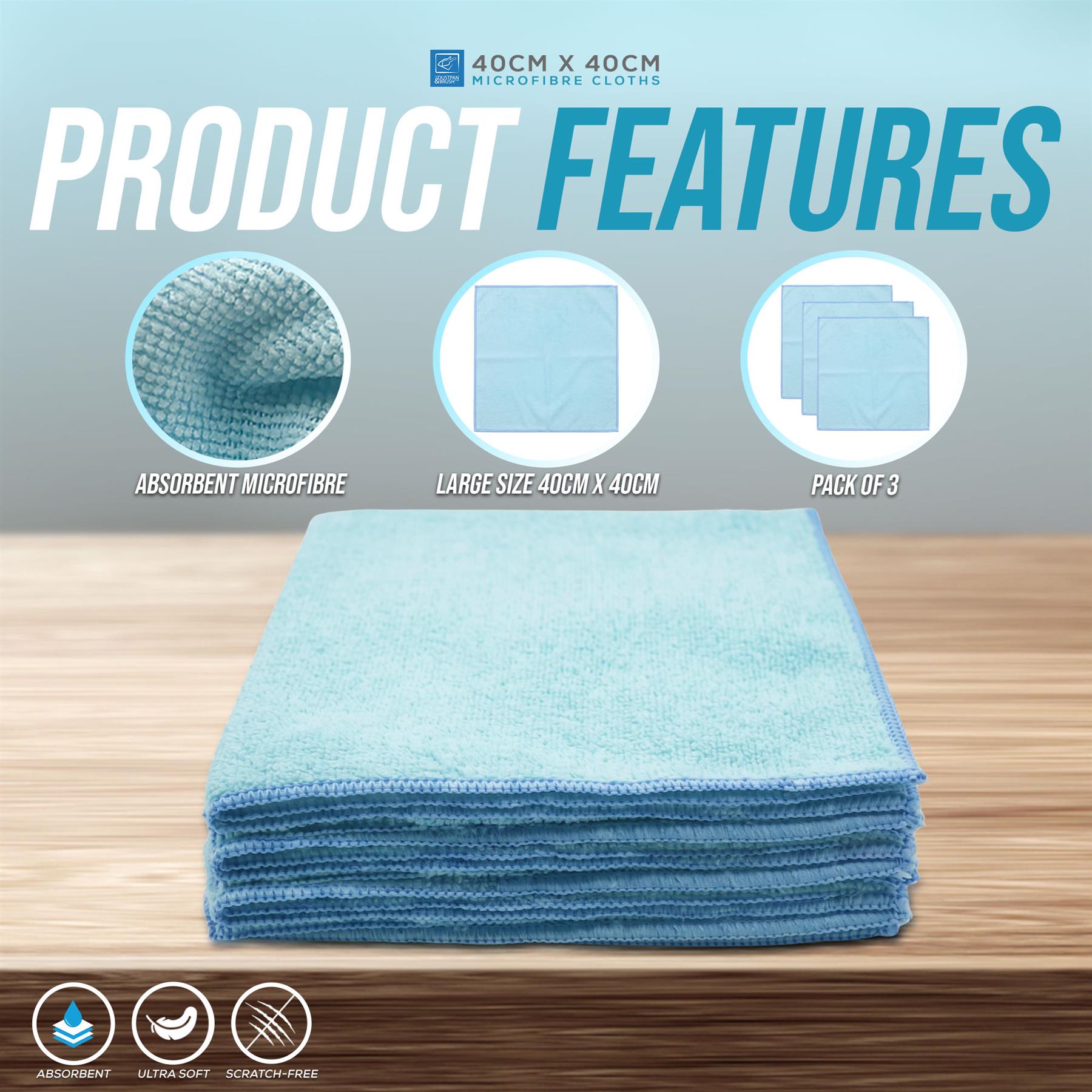 A stack of three duck egg microfibre cloths displayed on a wooden surface, with a 'Product Features' infographic above showing fabric texture, size details, and pack count.