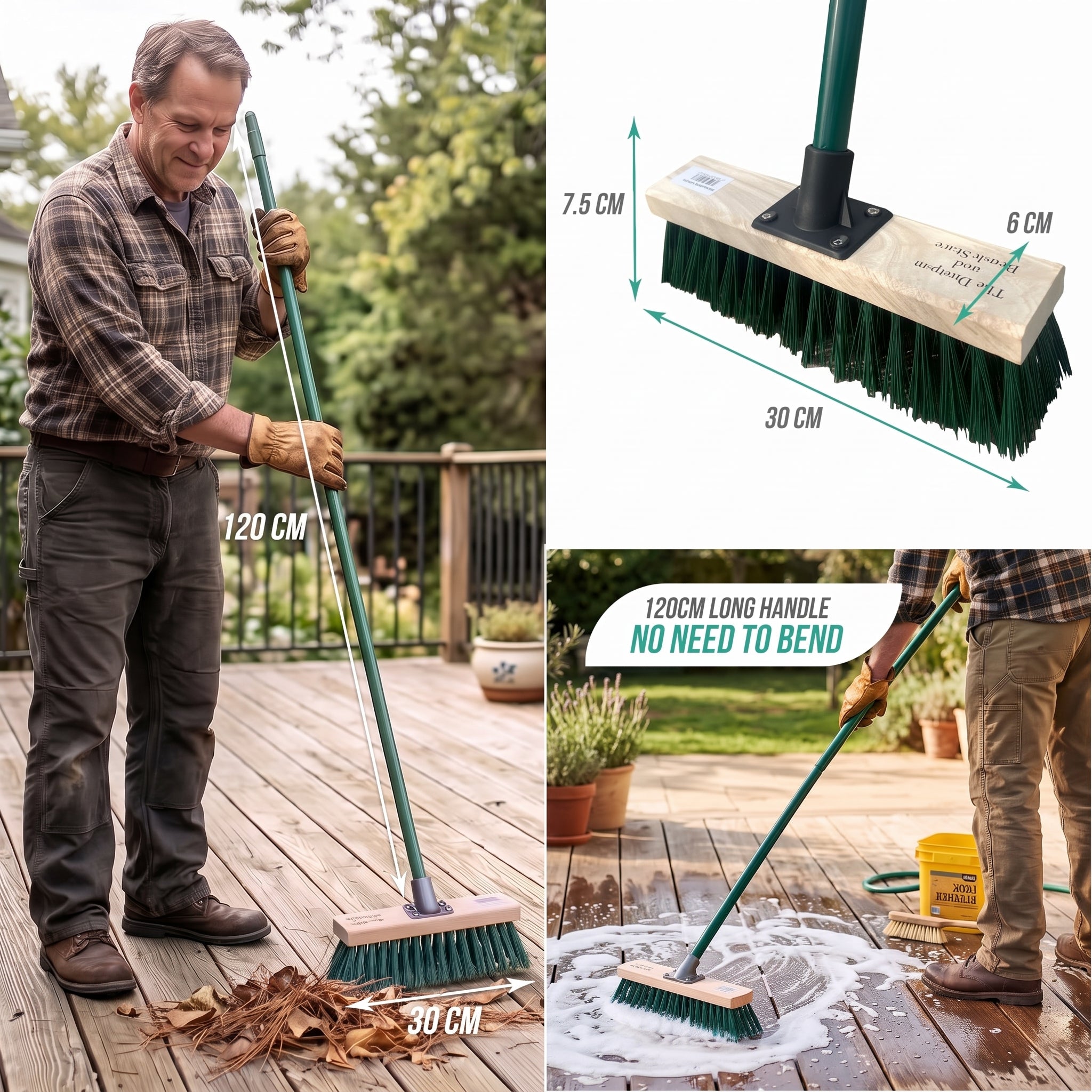 A 120 cm long handle broom shown in a multi-panel listing image. The left panel shows a man sweeping a wooden deck, with dimension labels indicating a 30 cm head and 127.