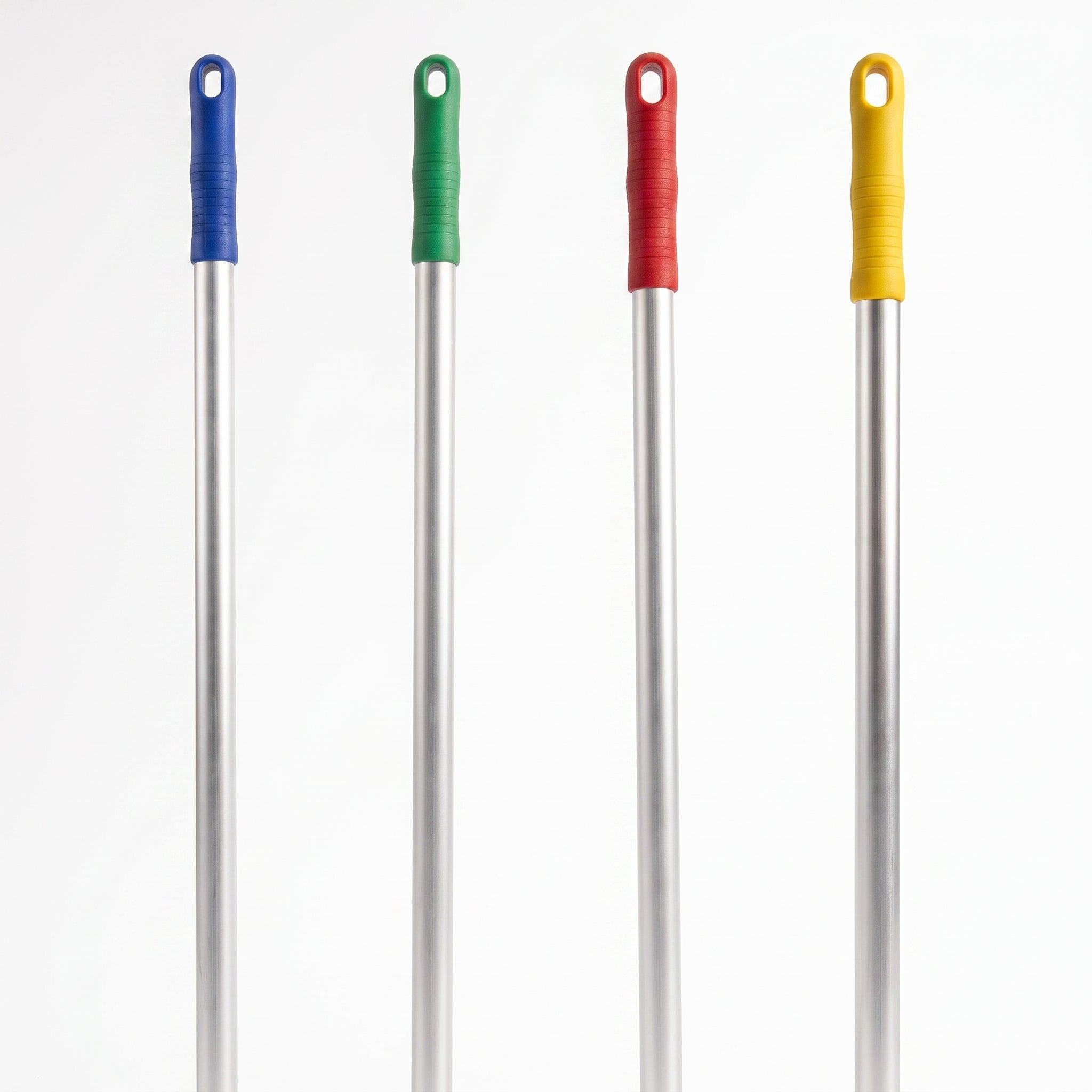 Four long silver metal poles with colorful plastic handles in blue, green, red, and yellow, arranged vertically against a plain white background.