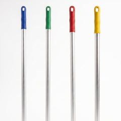 Four long silver metal poles with colorful plastic handles in blue, green, red, and yellow, arranged vertically against a plain white background.
