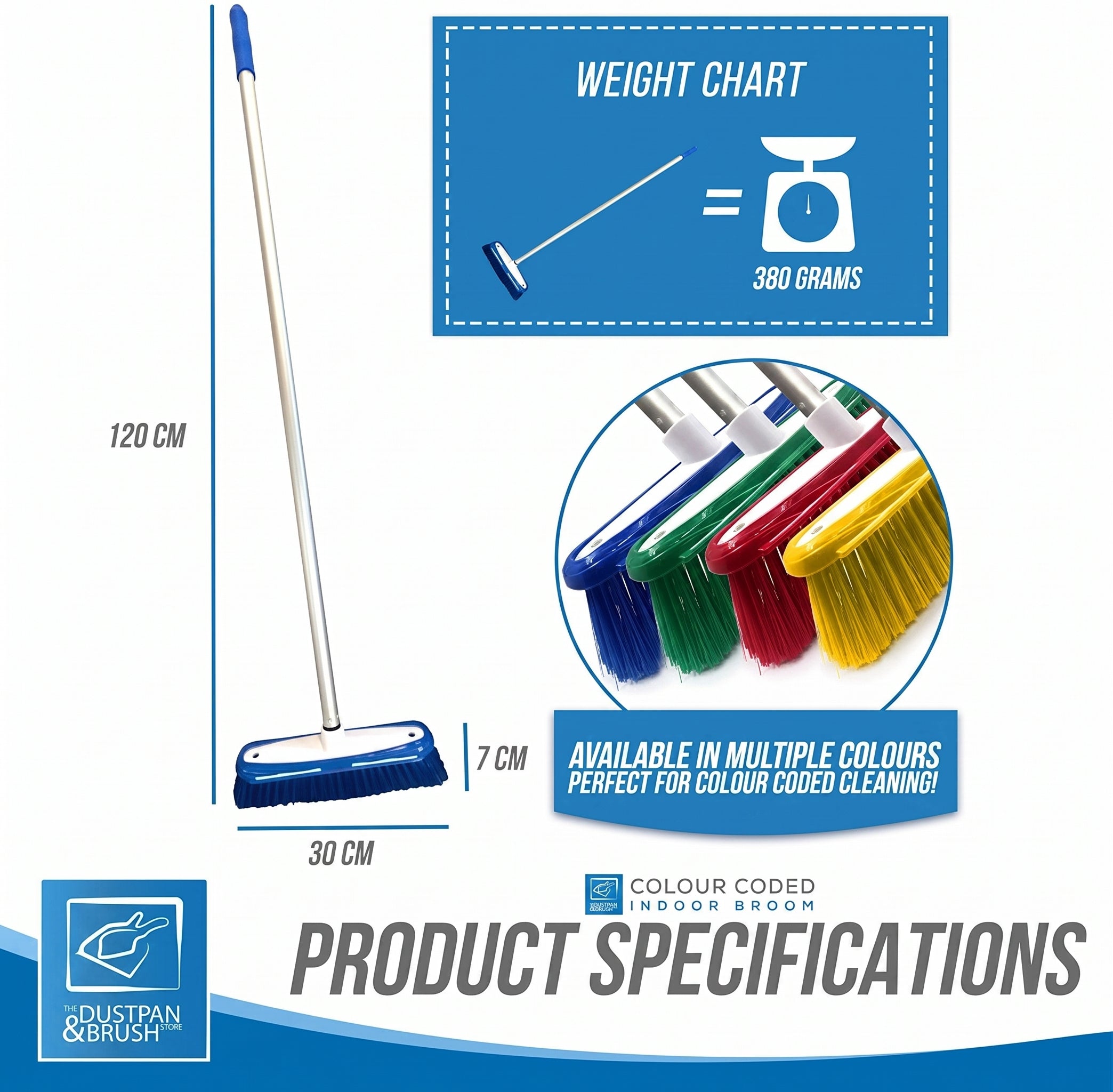 product specifications for the colour coded 12" Medium Synthetic Broom Head & Handle with Scraper on a white and blue background 