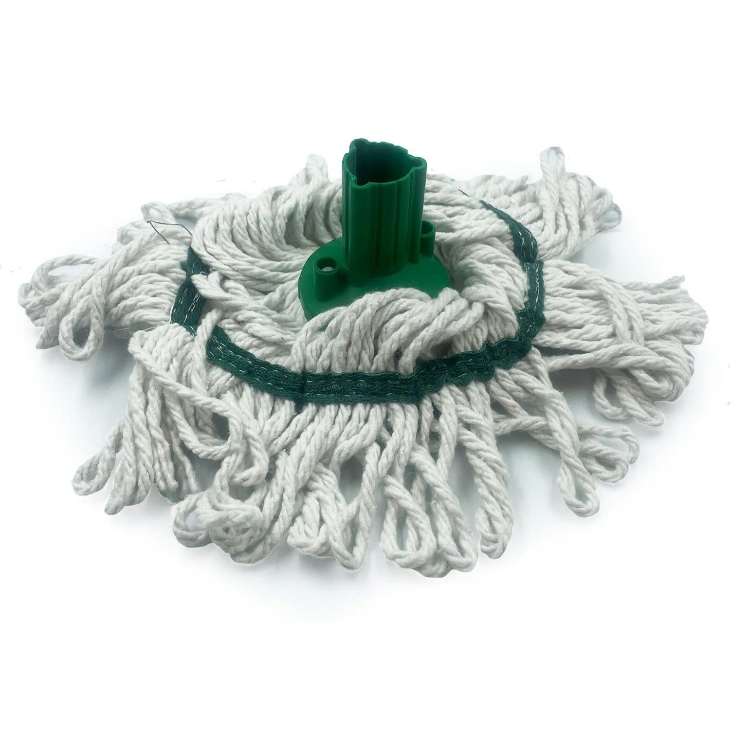 A replacement floor mop head with light gray cotton swabbing fibers and a green plastic core with a green elastic band, shown on a white background.