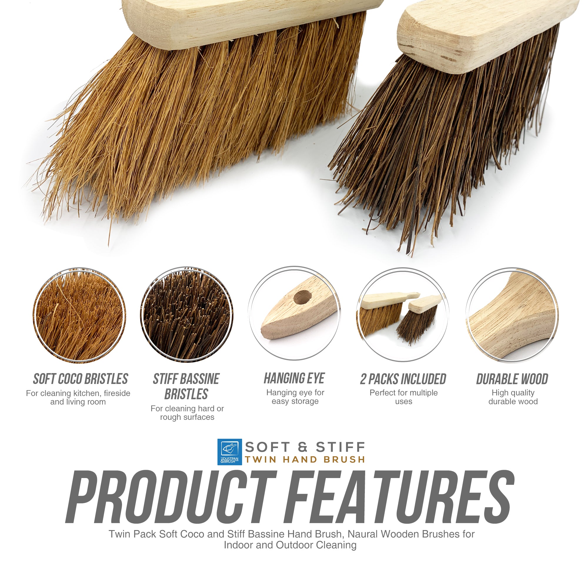 Sweeping Hand Brush Set | Soft Coco & Stiff Bassine Cleaning Brushes - The Dustpan and Brush Store