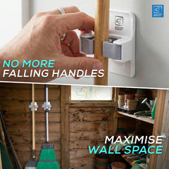 Handy hook system for hanging tools with text 'No More Falling Handles' and 'Maximise Wall Space'.