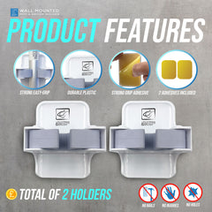 Wall-mounted mop and broom holder with product features on a gray background