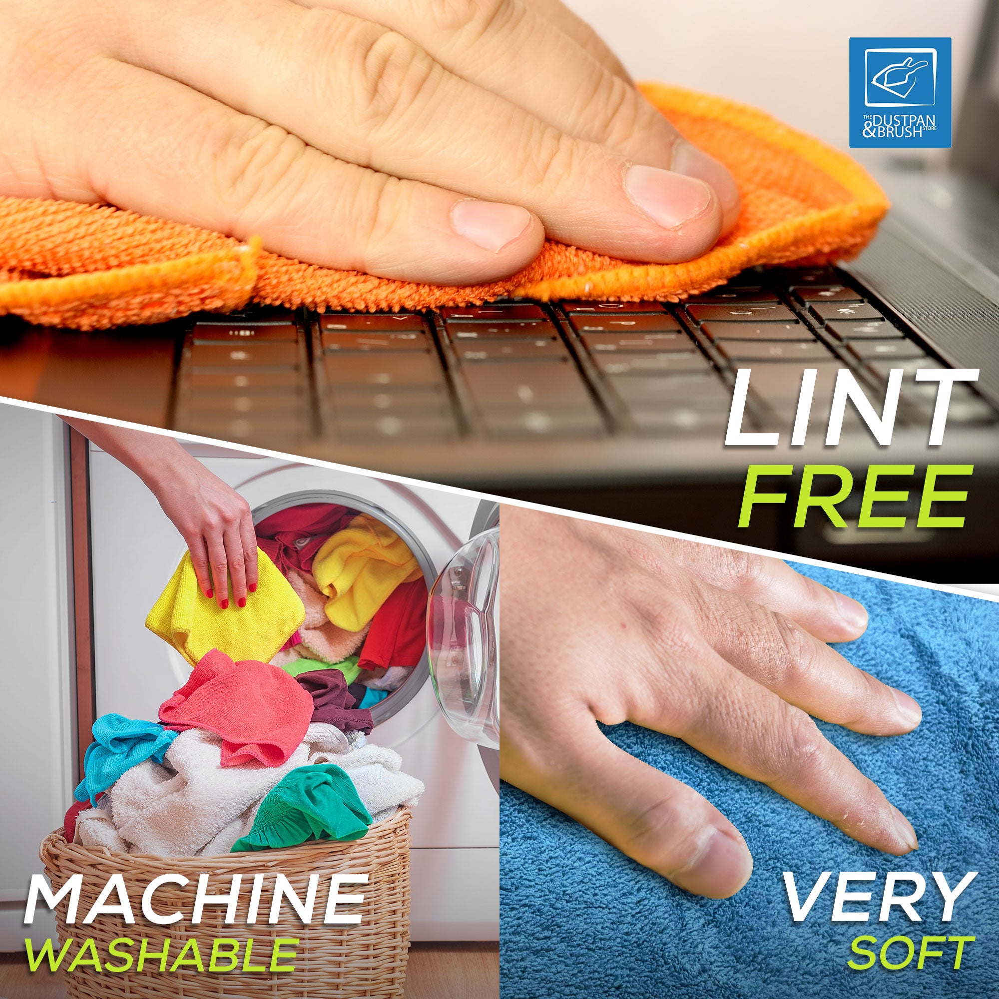 Collage of a hand using an orange cloth on a laptop, washing clothes, and a hand holding a blue towel with text about lint-free and machine-washable properties.