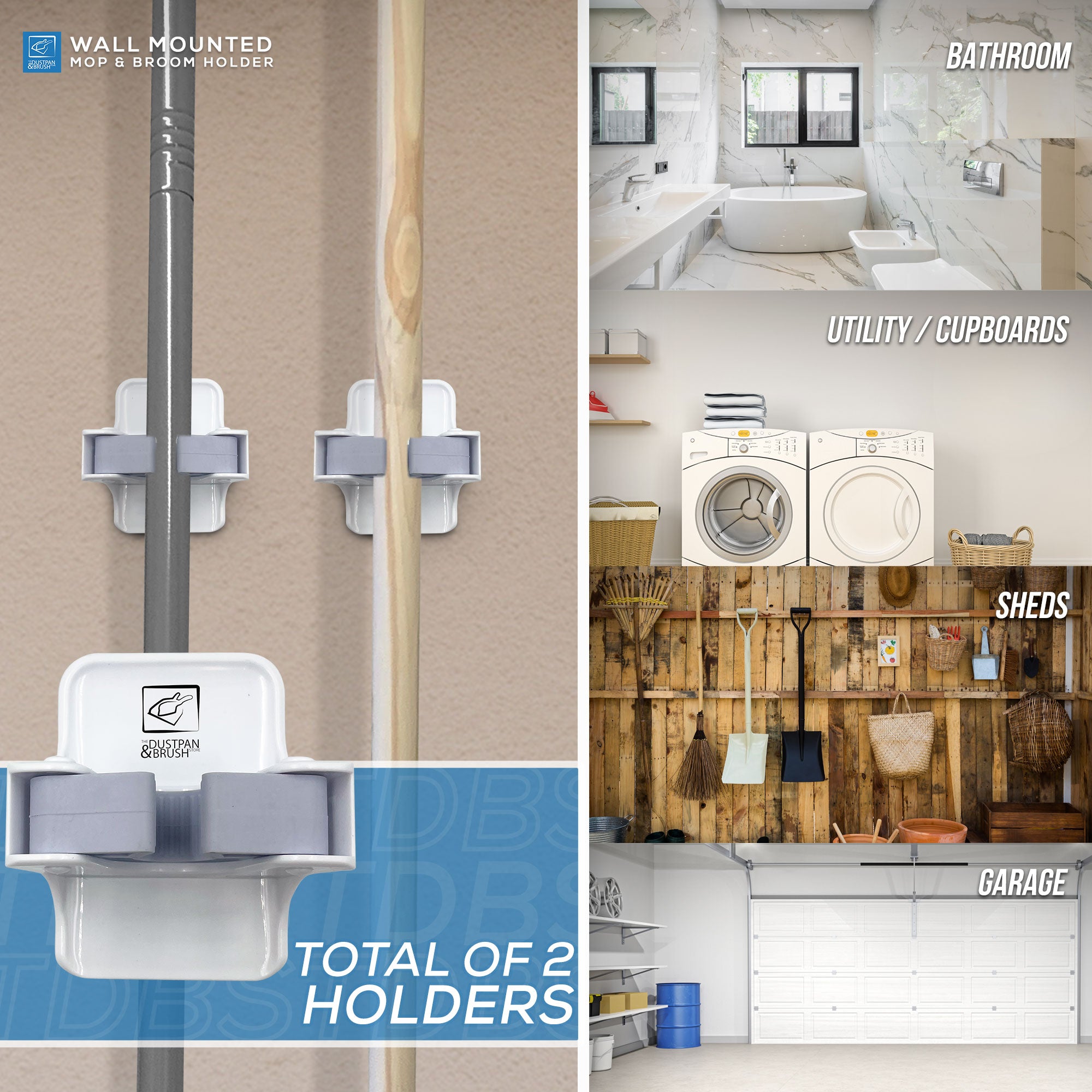 Wall-mounted mop and broom holder with usage scenarios in bathroom, utility/cupboards, sheds, and garage.
