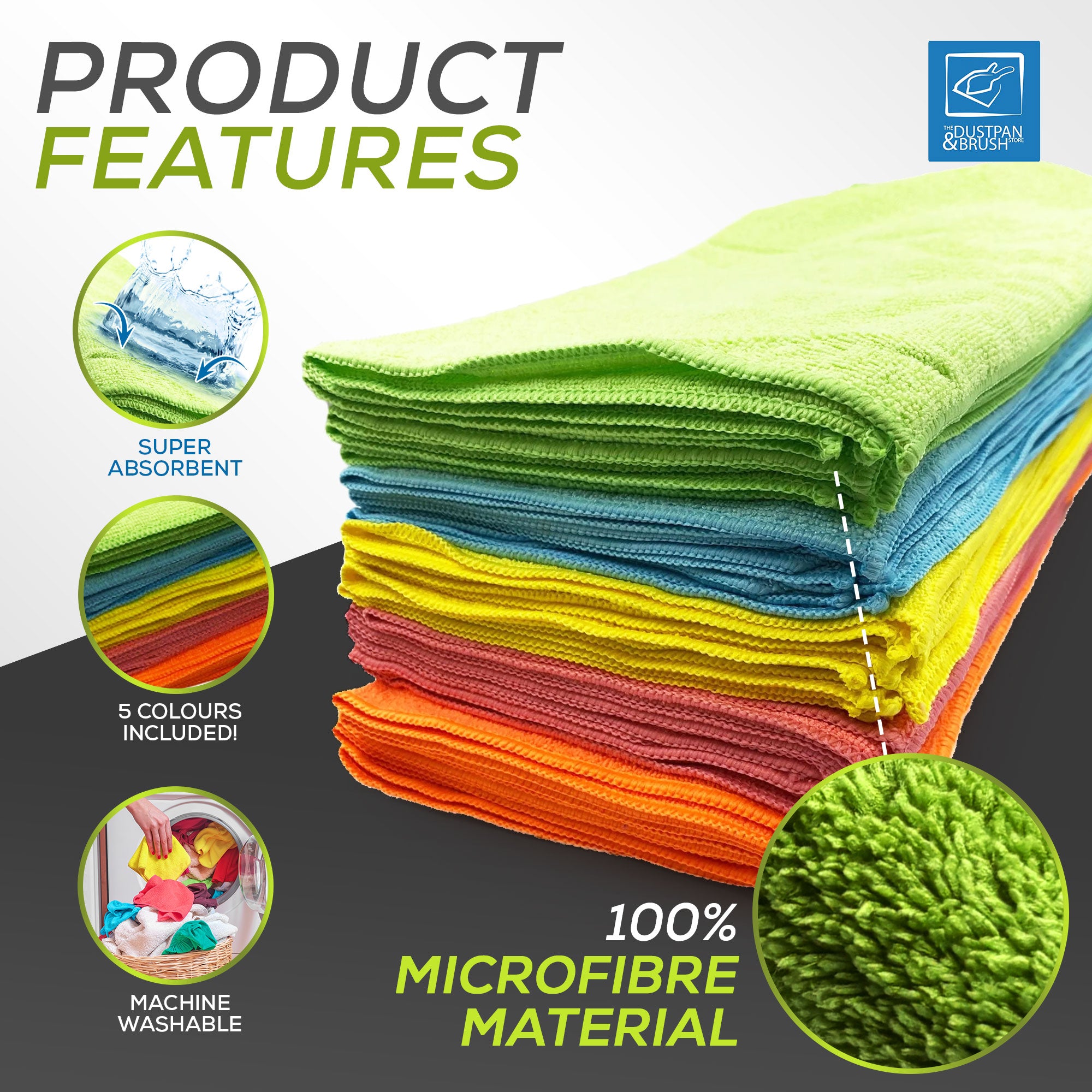 Stack of colorful microfiber cloths with product features highlighted on a gray background.
