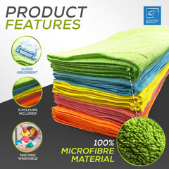 Stack of colorful microfiber cloths with product features highlighted on a gray background.