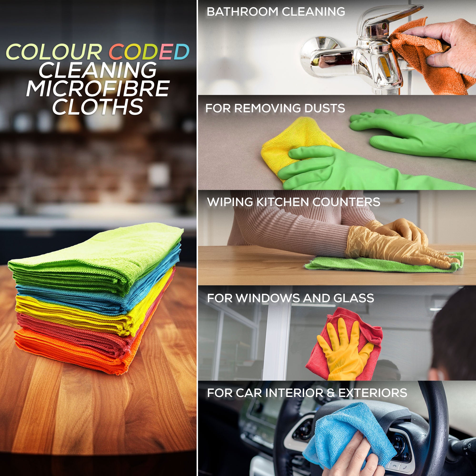 Color-coded cleaning microfiber cloths with usage examples on a wooden surface.