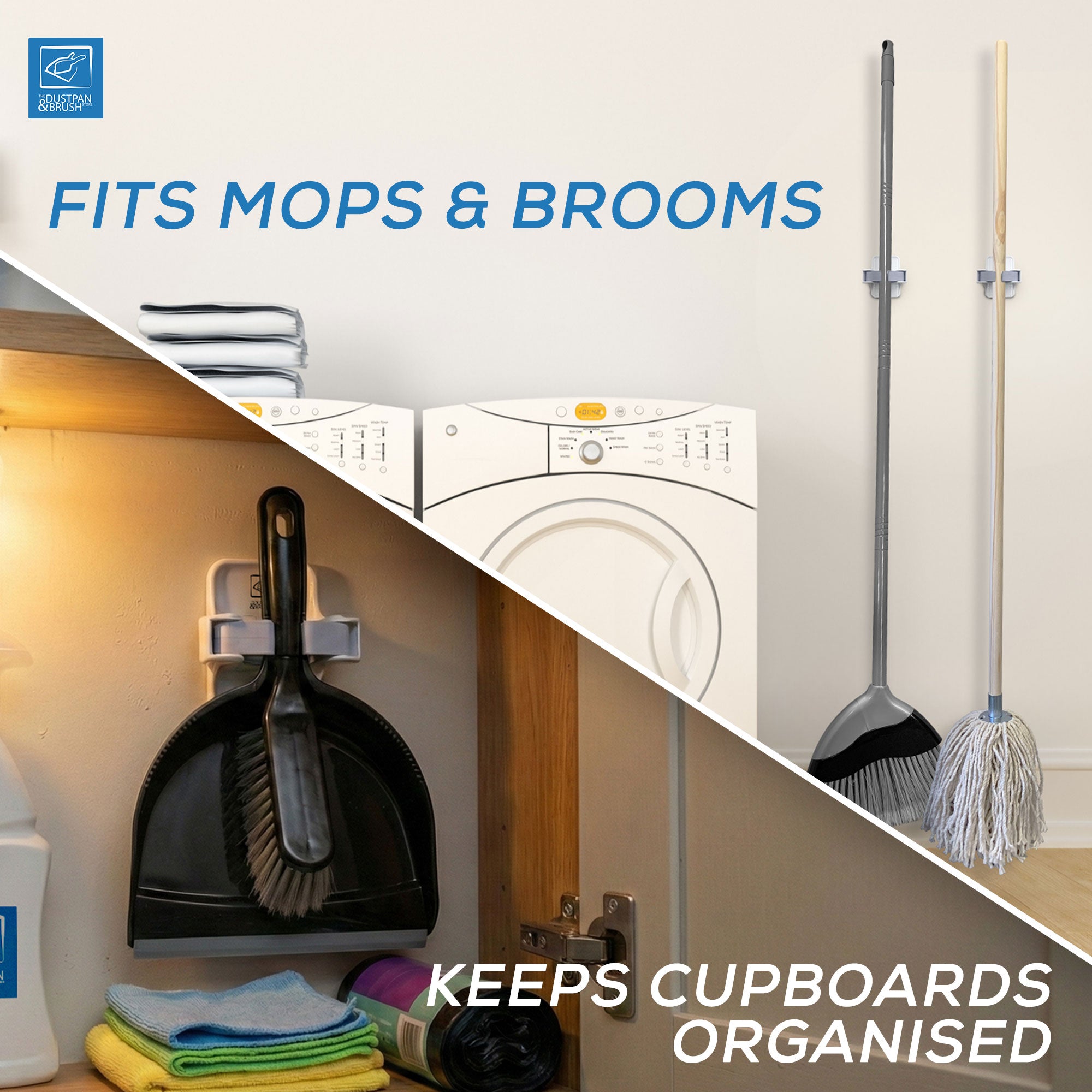 Cleaning tools and cupboards with text indicating product features