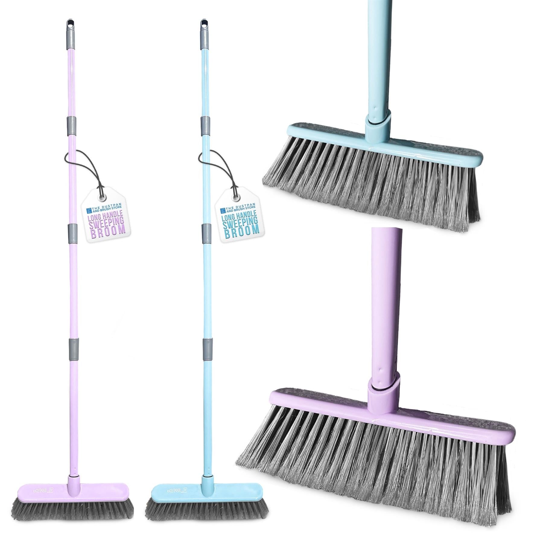 Indoor sweeping broom - both Duck Egg and Lilac colourways on a white background 