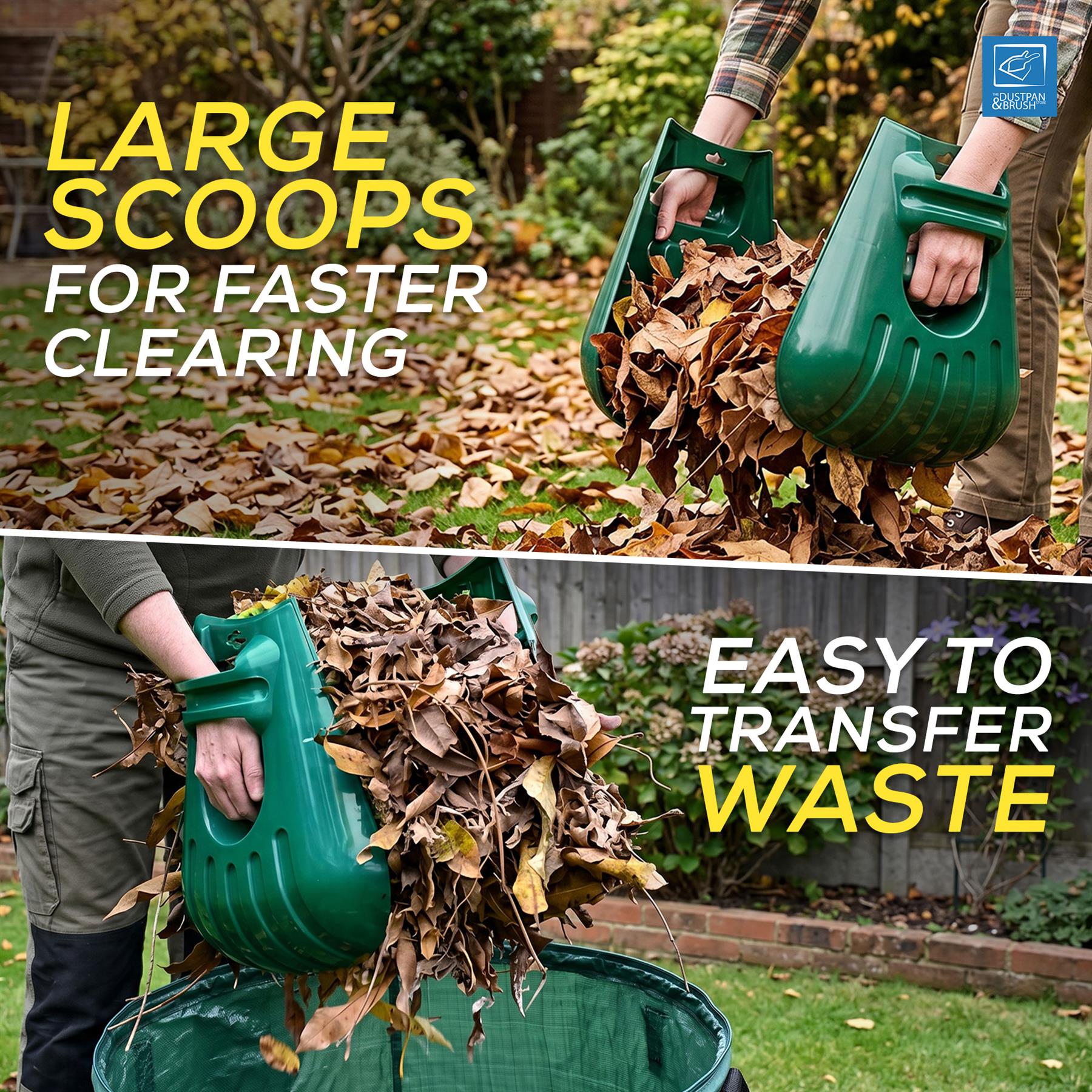 A split-panel promotional image showing a green leaf scoop being used outdoors in a yard to lift and transfer brown leaves into a large green bin. Large text reads 'LARGE SCOOPS FOR FASTER CLEARING' and 'EASY TO TRANSFER WASTE,' with a small blue 'EXCELLENT' badge in the top right.
