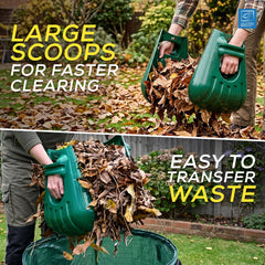 A split-panel promotional image showing a green leaf scoop being used outdoors in a yard to lift and transfer brown leaves into a large green bin. Large text reads 'LARGE SCOOPS FOR FASTER CLEARING' and 'EASY TO TRANSFER WASTE,' with a small blue 'EXCELLENT' badge in the top right.
