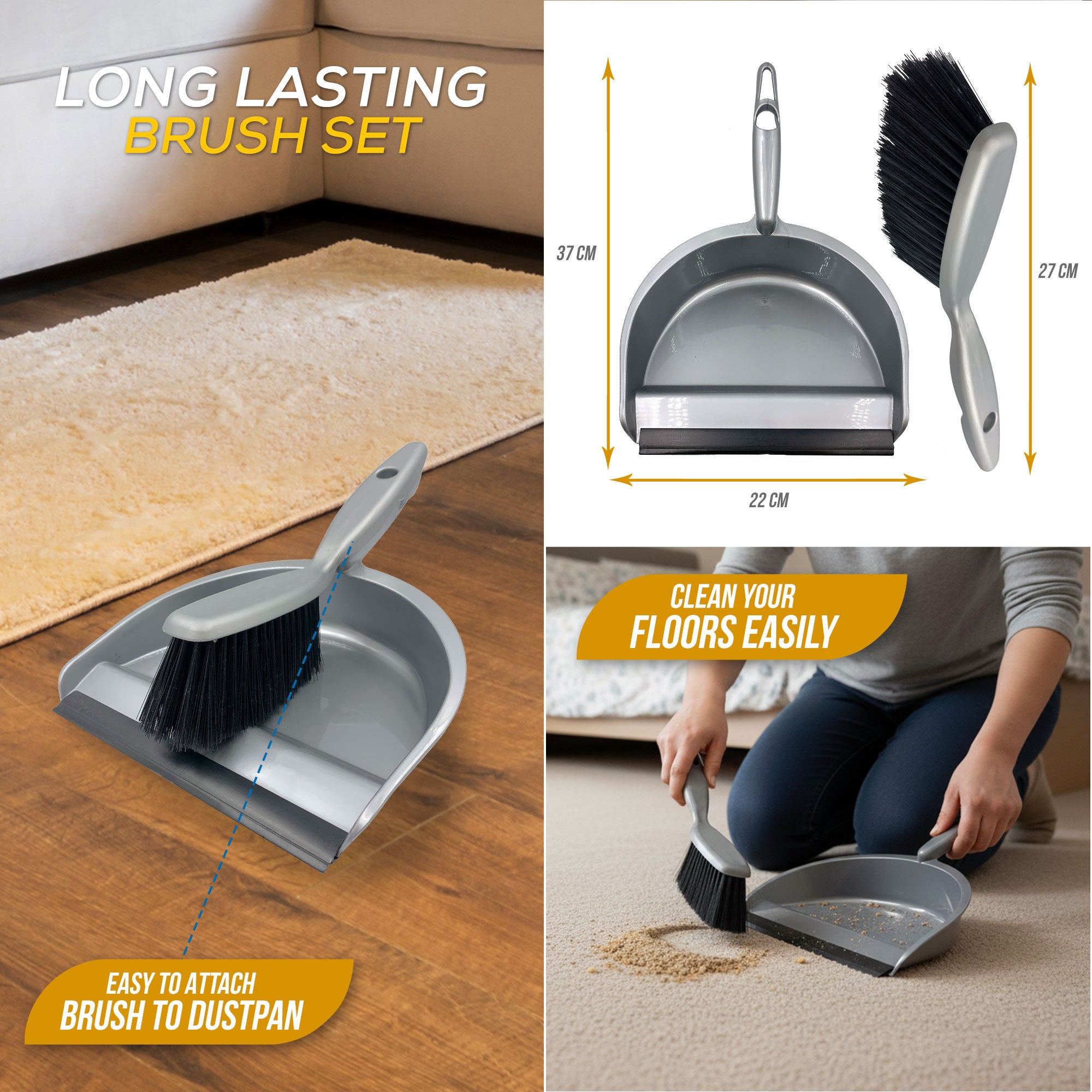Long-lasting brush set with dustpan, cleaning demonstration, and product dimensions.