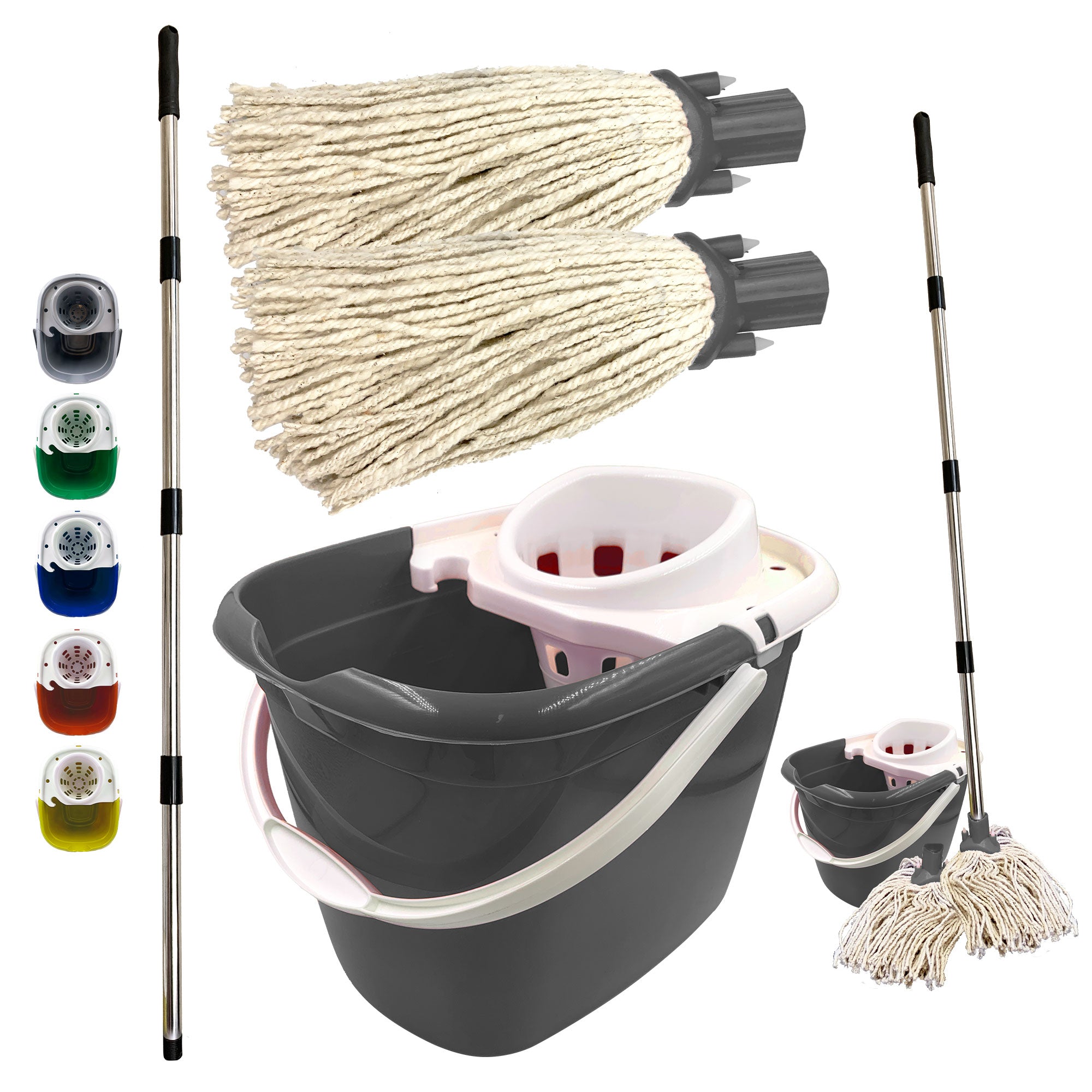 A grey mop and wringer bucket set shown on a white background, including a long handle with a cotton mop head, two mop heads, a grey bucket with white wringer, and small colour-option thumbnails along the left handside.