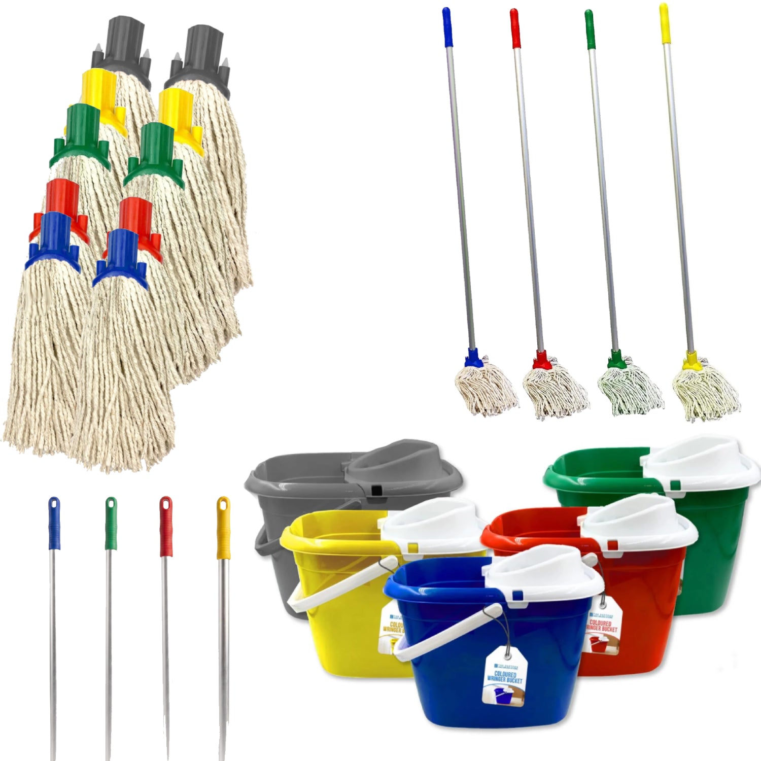 A set of cleaning supplies on a white background, including multiple cotton mop heads with twist-top handles in blue, green, yellow, and red, several long-handled mops, four bucket wands with coloured caps, a grey bucket, and four plastic buckets in blue, red, green, and yellow. 