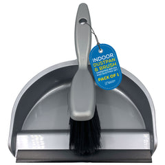 Gray dustpan and brush set with a tag on a white background