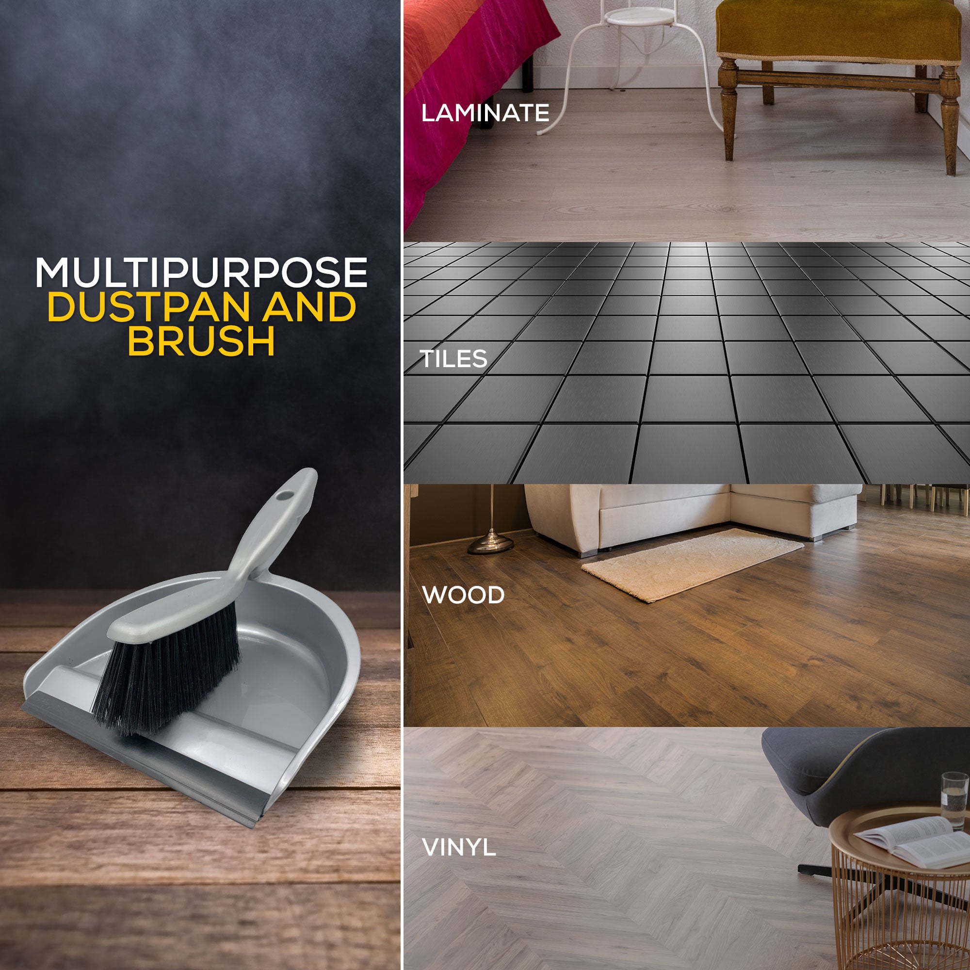 Multipurpose dustpan and brush with flooring types shown below.