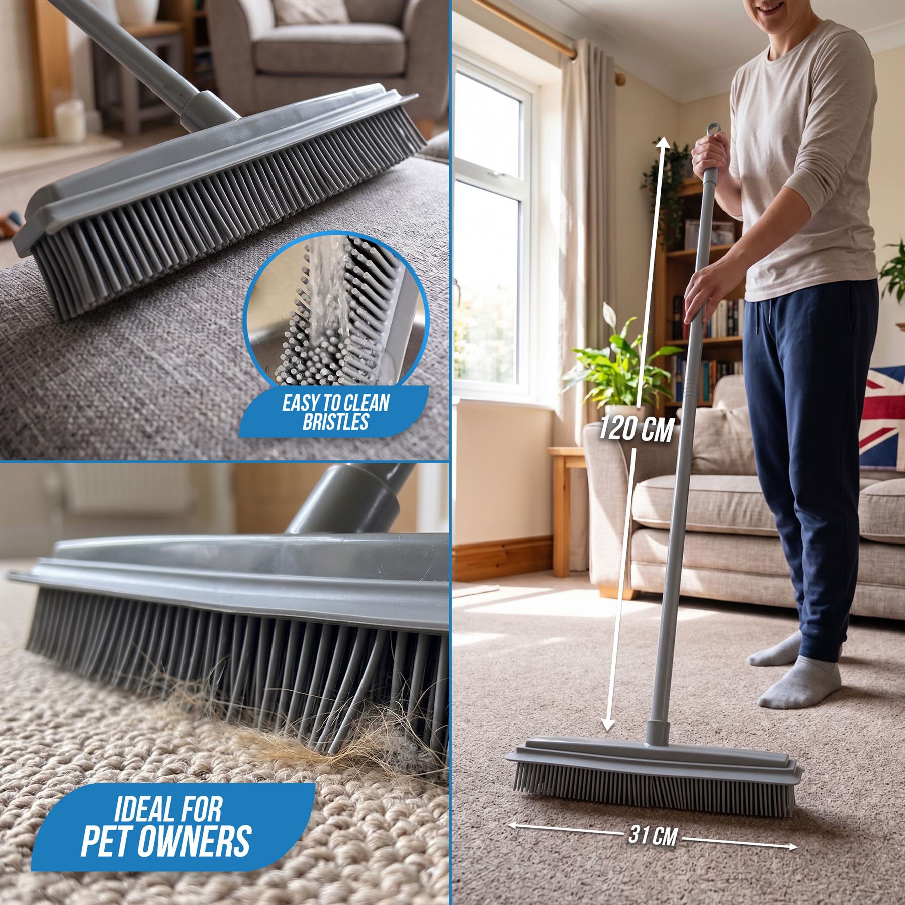 A large grey floor sweeper broom is shown in a living room with a person holding the handle, plus three inset close-ups highlighting the bristle design, cleaning performance, and pet suitability. Measurement labels indicate 120 cm height and 31 cm width.
