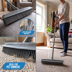 A large grey floor sweeper broom is shown in a living room with a person holding the handle, plus three inset close-ups highlighting the bristle design, cleaning performance, and pet suitability. Measurement labels indicate 120 cm height and 31 cm width.