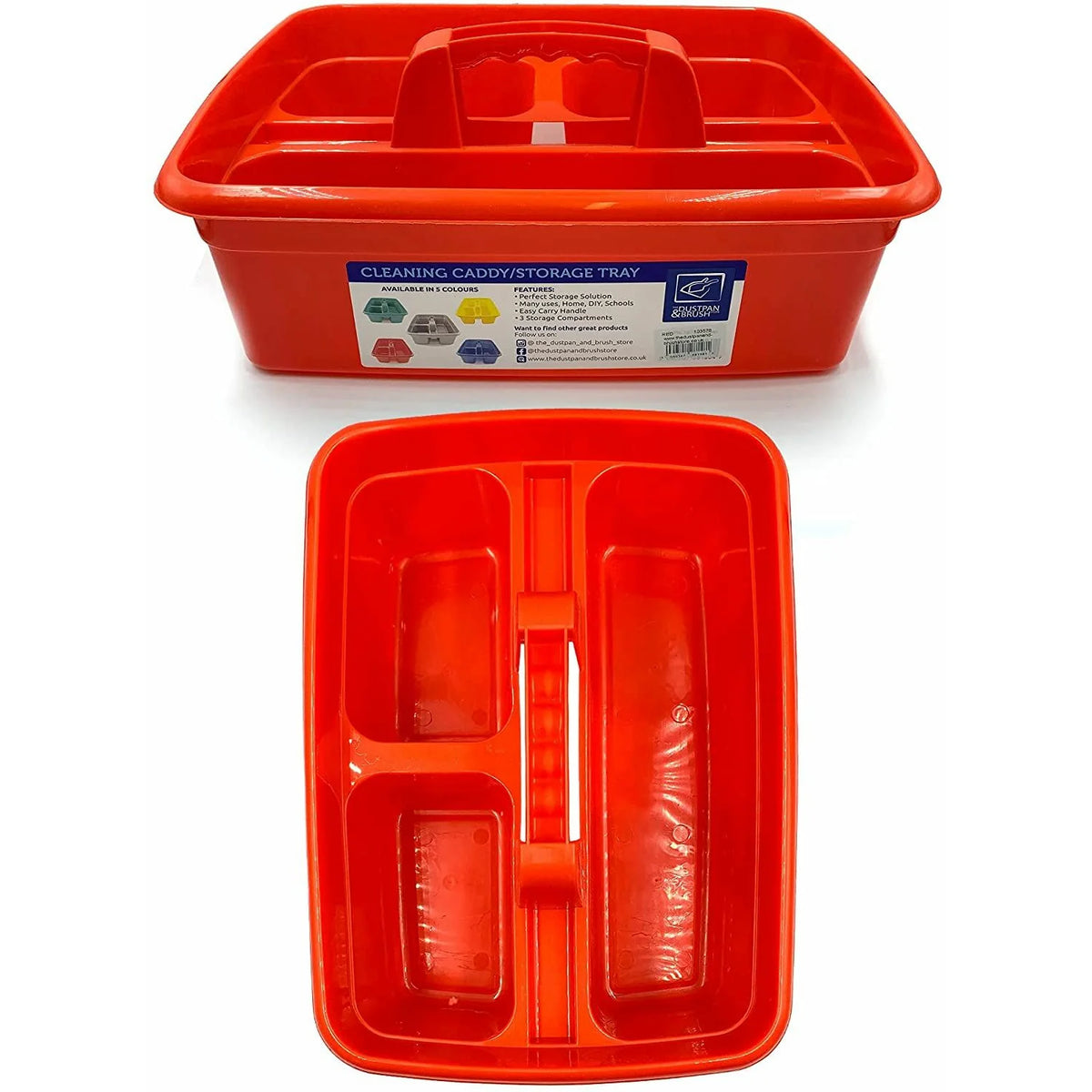 Red cleaning caddy/storage tray with compartments on a white background