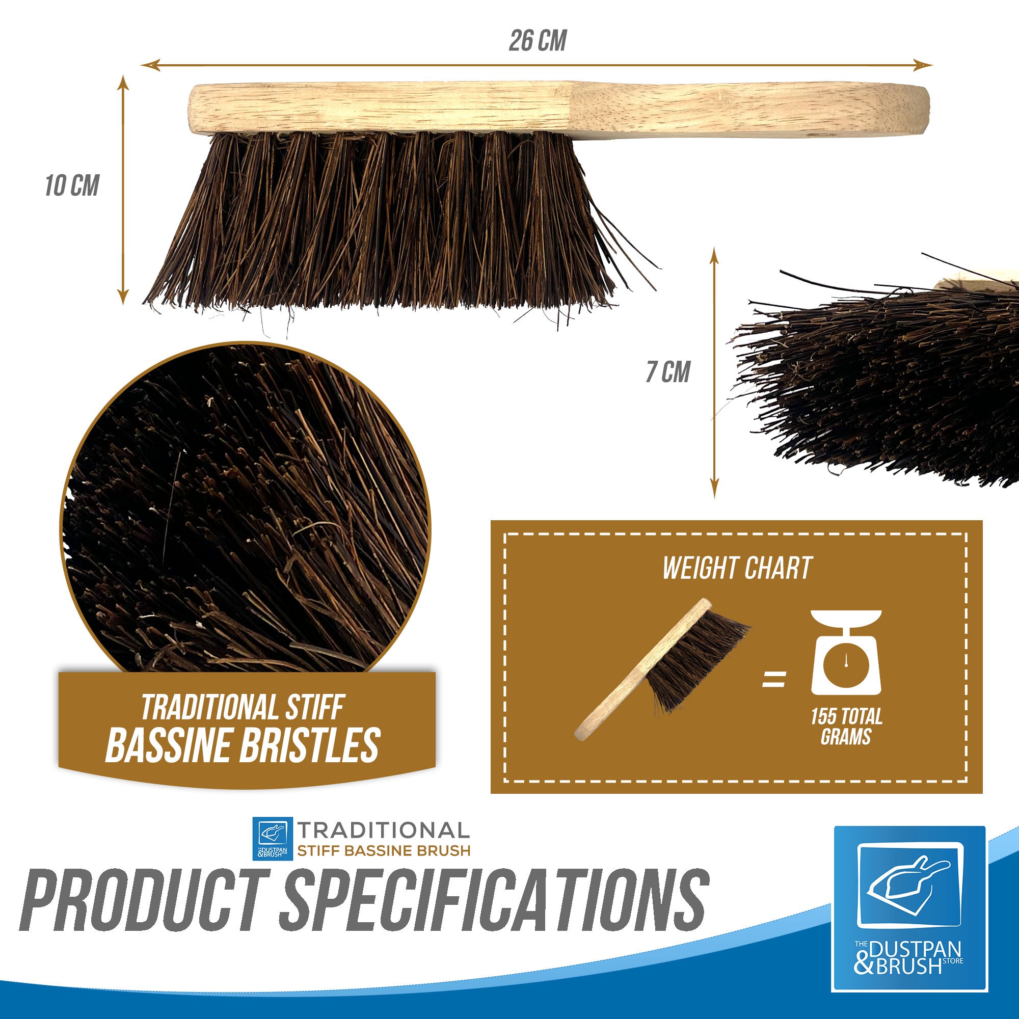 Product specifications of the traditional stiff bassine bristles, including dimensions and weight chart.