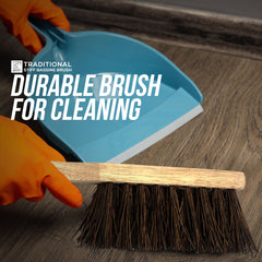 Hand holding a durable cleaning brush with text 'Durable Brush for Cleaning' on a wooden floor.