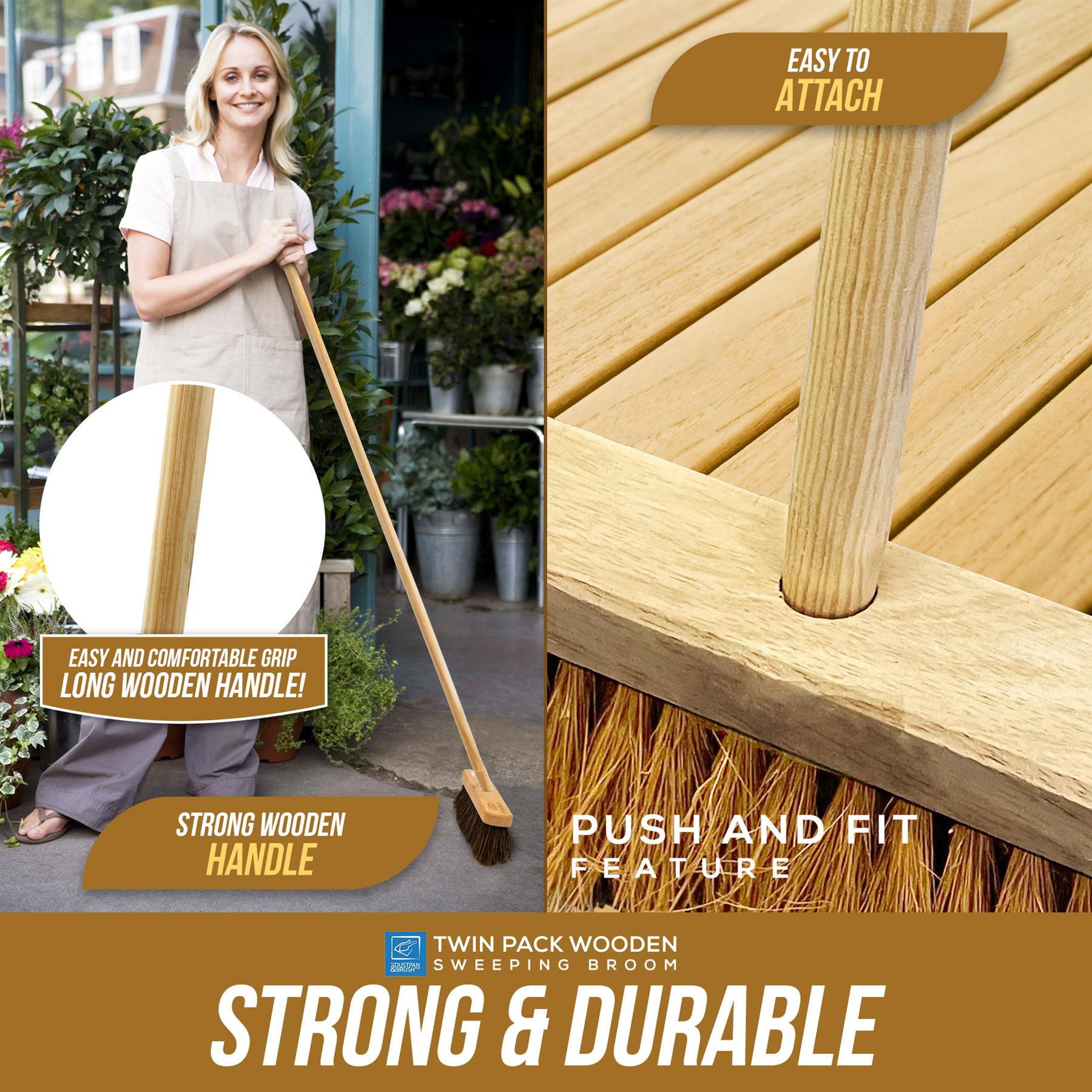 Wooden broom with features highlighted on a wooden surface