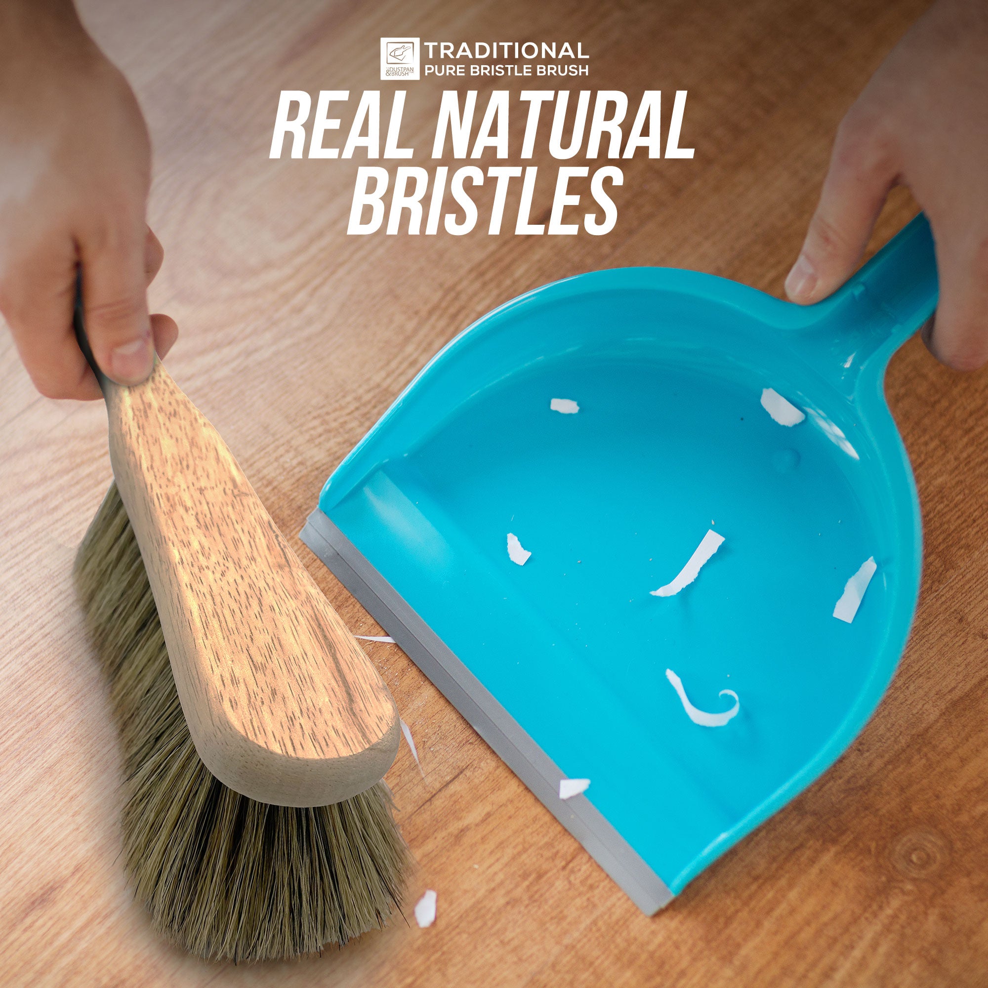 Natural Soft Hair Bristle | Unvarnished Banister Hand Brush being used with  a dustpan collecting paper clippings 