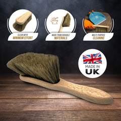 Wooden brush with bristles on a wooden surface, with text highlighting features and 'Made in UK' label.