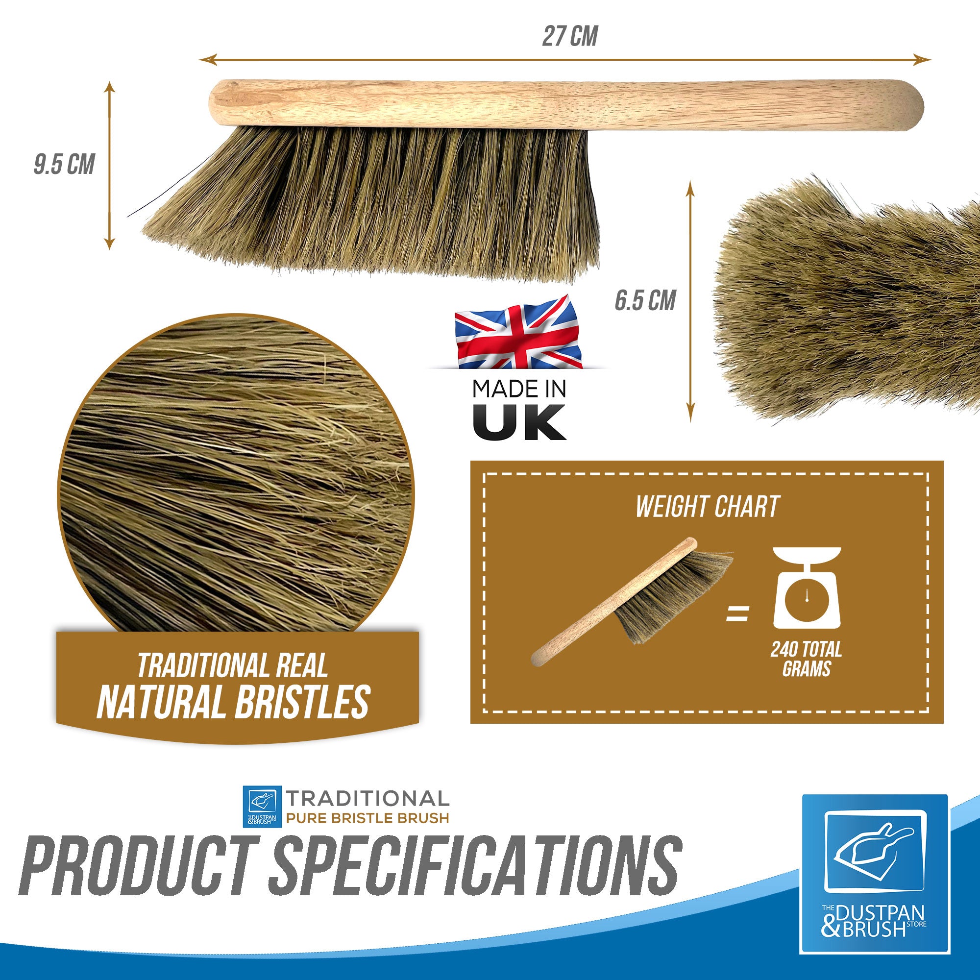 Dustpan and brush set with measurements and product specifications on a white background