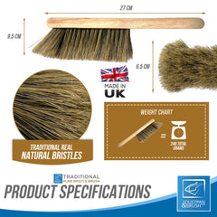 Dustpan and brush set with measurements and product specifications on a white background