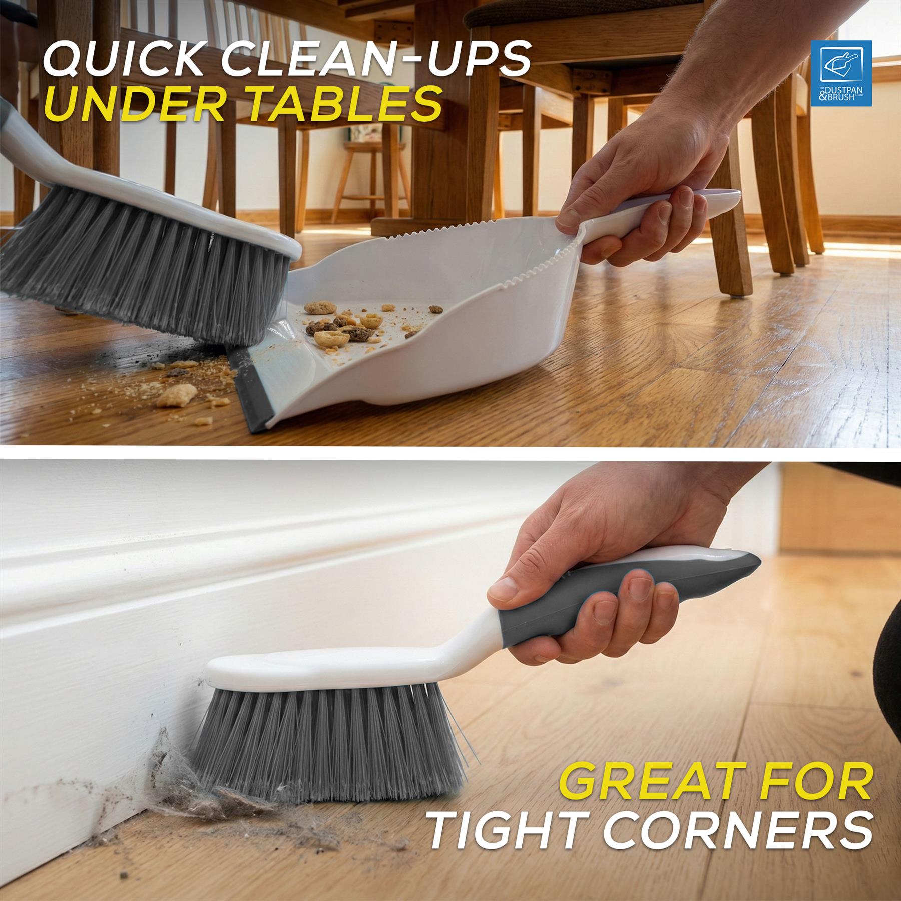 Grey Deluxe Dustpan and Brush Set  cleaning under table and tight corners 