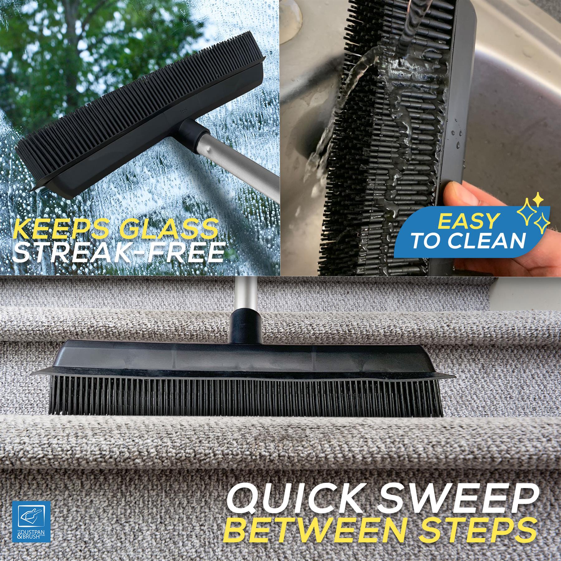 Rubber Broom Pet Hair Remover for Carpets & Hard Floors - Fixed Handle
