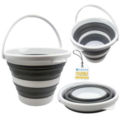 A foldable collapsible 10 litres bucket shown in multiple states: fully expanded on the left, partially folded at top right, fully folded at bottom right, and with a hangtag in the centre. The bucket has a white plastic handle and rim with dark grey silicone collapsible bands.