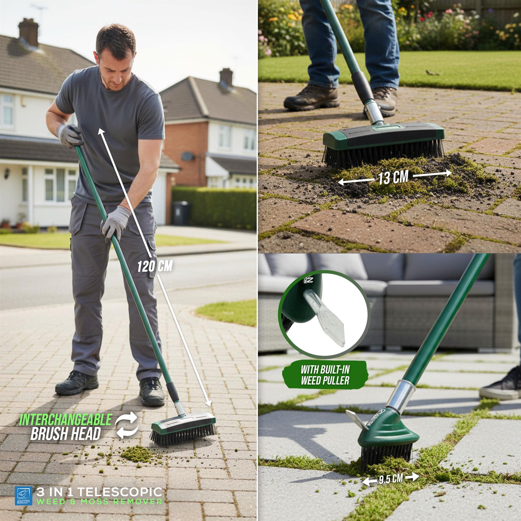 Person using a garden tool with interchangeable brush head on a driveway, showing its features and usage.