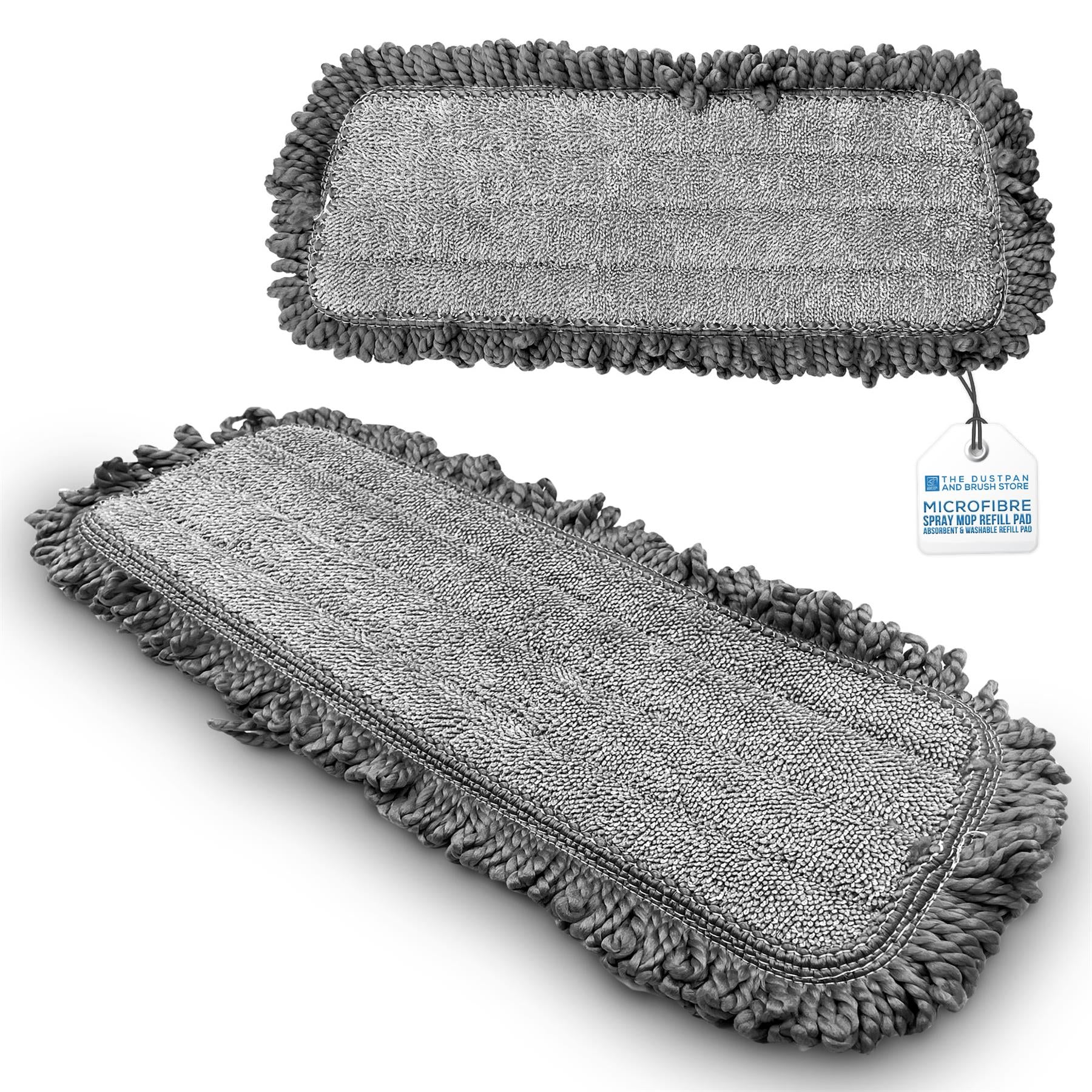 Two grey microfibre floor mops shown on a white background, one from the top and one from the side, with a small product tag attached.