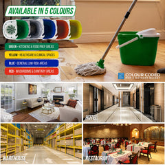 A mop and wringer bucket set shown in a real indoor room with a wet floor, plus a color-options graphic and several usage场景 labels: home, hotel, warehouse, and restaurant. The product being sold appears to be the mop bucket and wringer mop, not the buildings or environments.
