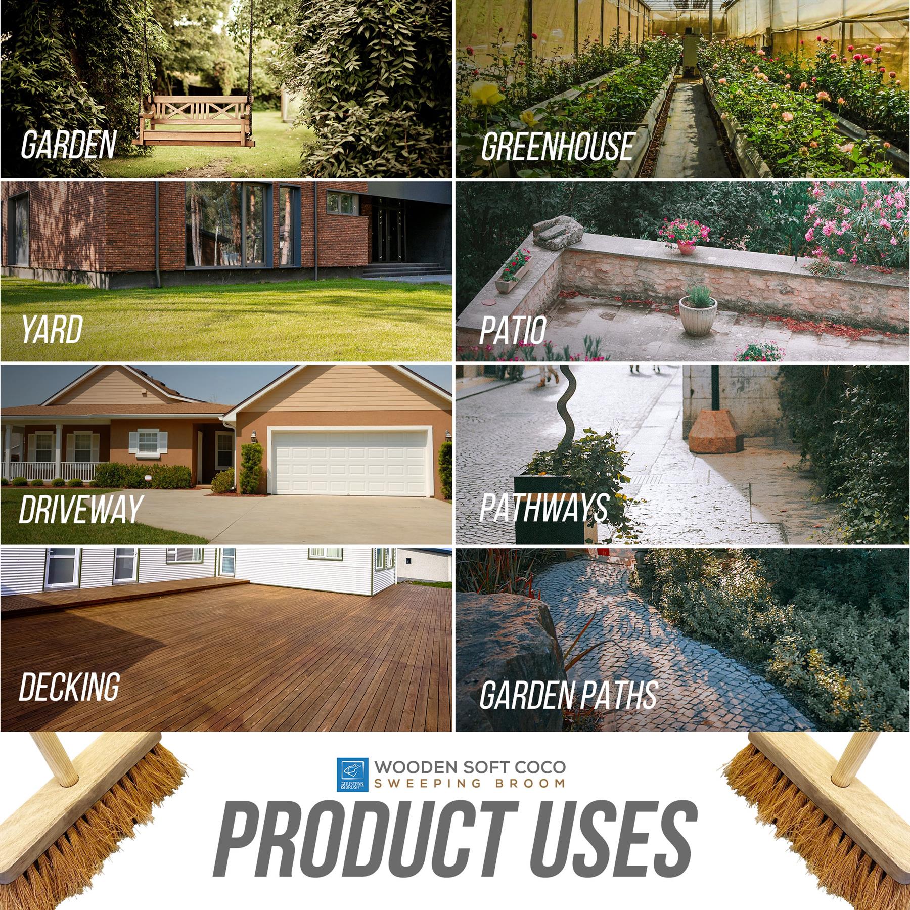 A collage showing the wooden soft coco sweeping broom in use across different outdoor surfaces including a garden, greenhouse, yard, patio, driveway, pathways, and decking, with the product name and brand at the bottom.