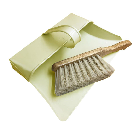 Cream Metal Hooded Traditional Design Dustpan with Soft Bristle Wooden Hand Brush