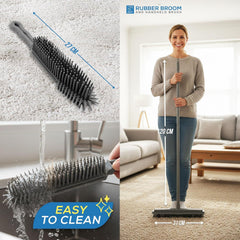 A collage showing the grey rubber broom and hand-held brush in use and close-up detail shots. The top-left panel shows the brush on a carpet with a 27 cm dimension marker.