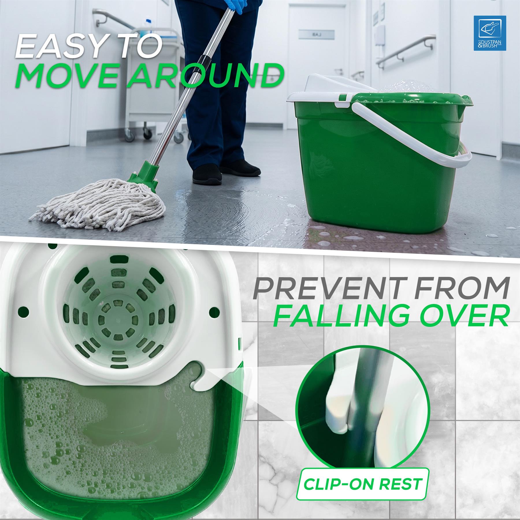 A green and white spin-top cleaning bucket set with a white and green wringer attachment, shown in a bathroom floor-cleaning context with a person mopping. Text overlays highlight features like 'EASY TO MOVE AROUND' and 'PREVENT FROM FALLING OVER'.