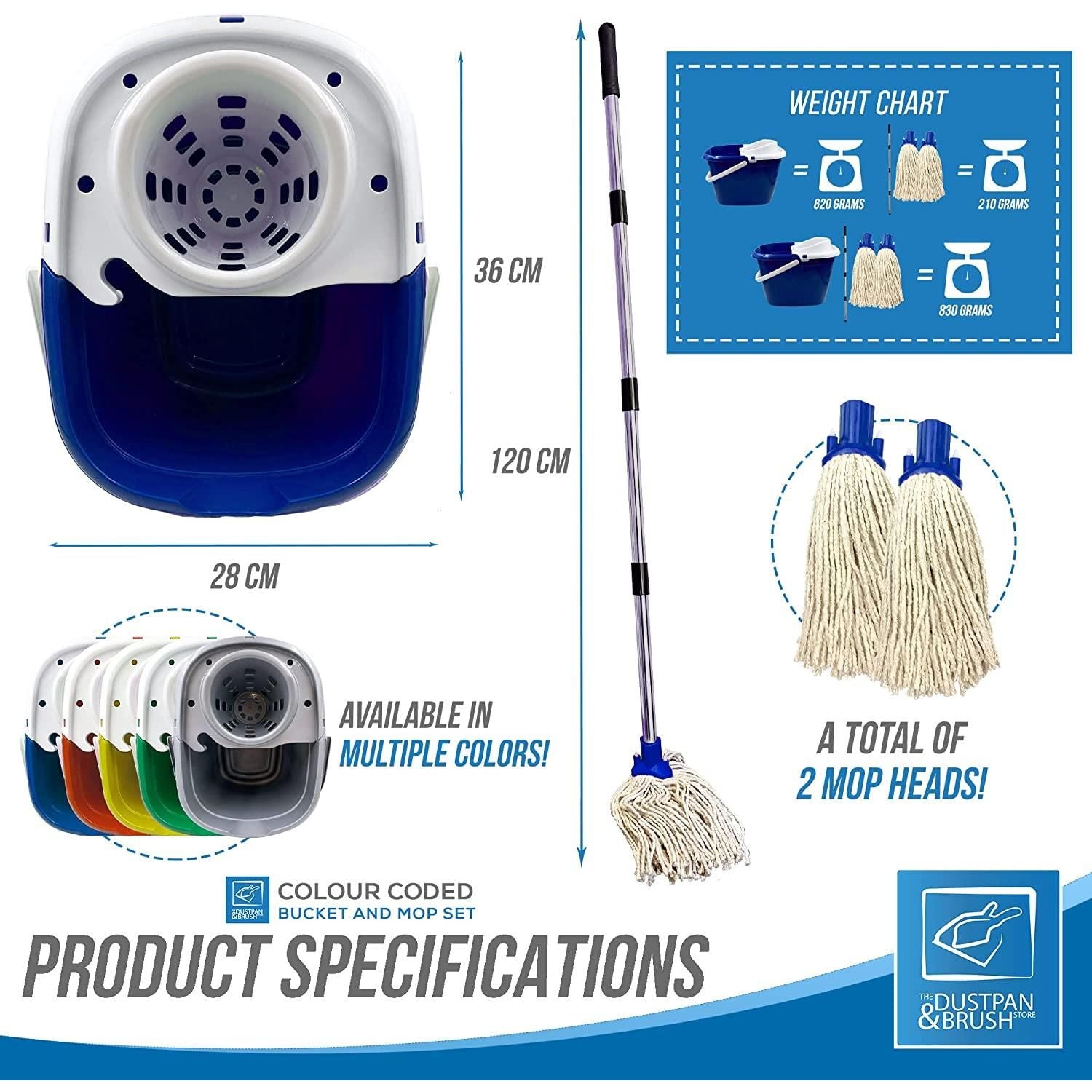 Blue Mop Bucket with 2 Cotton Mop Heads and 4 Piece Handle