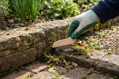A close-up of a hand wearing a green and white gardening glove using a Lamb chop brush to clean moss and debris between stone garden borders.