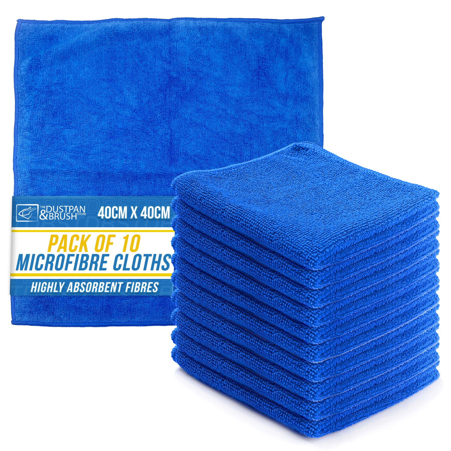 A pack of ten blue microfibre cloths, with one unfolded cloth showing its texture and a stack of ten folded cloths in front. The packaging label reads