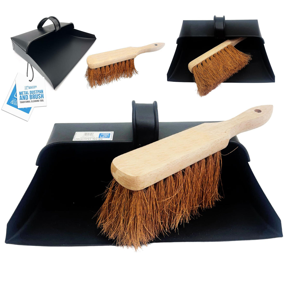 Set of hooded black metal dustpan and wooden brush with coco bristles on a white background