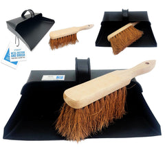 Set of hooded black metal dustpan and wooden brush with coco bristles on a white background